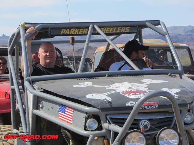 Vice-president Mike Reeves led us on Sunday in his custom-made rock buggy. His passengera Jeep racer back homehad flown in from Germany for the Desert Splash and the SEMA Show.
