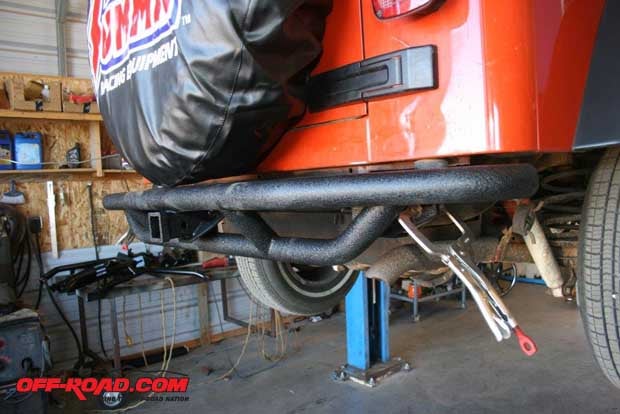 Held in place by Vice Grips until we insert new bolts or make new brackets, the RRC tube bumper protects the rear quarter panels and provides a secure hook up if a tow or tug is needed on the trail.