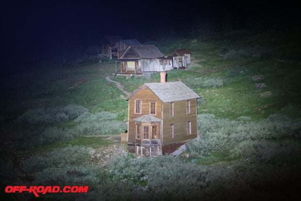Colorados Animas Forks ghost town is a different creature (and a little creepier) at night. The PIAAs were able to illuminate the Walsh House from a quarter-mile across the valley (though you can see the tight pattern, which is why we splayed them out a little further).