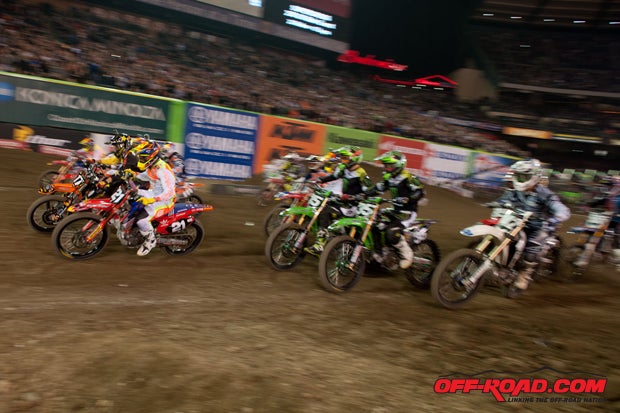 Jason Anderson earned the holeshot at the start of the 250cc main at Anaheim 1. 