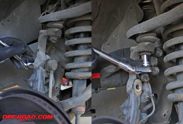 After removing the front wheel, begin disconnecting the front sway bar (left) and the spindle from the stock upper control arm. 