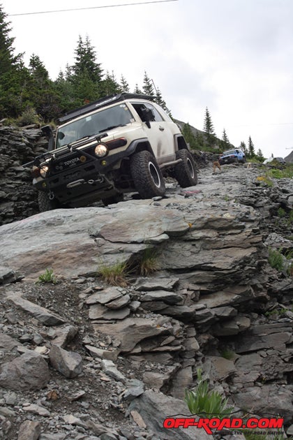 The FJ Summit folks do a good job of identifying trails per difficulty and putting guides on each, and if you like precarious, heyyyy, theyve got precarious. This is the initial drop-in at Ingram Pass, commonly called Black Bear (look for upcoming coverage).
