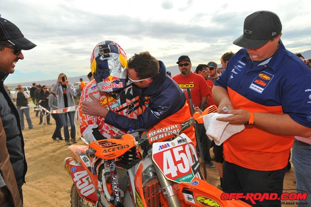 Kurt Casellis mechanic Anthony Dibasilio was one of the first to congratulate an emotional Ramirez in the finish chute. Ramirez had many friends, family members and KTM staff on hand to cheer him on and witness the historic first.