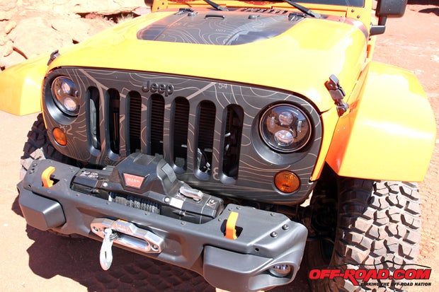 A Rubicon X front bumper with "Shorty" end caps is fitted on the MOJO, along with a prototype Warn winch. 