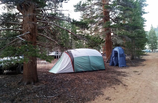 Very nice level, sheltered camp at 10,000 feet in the pines with lots of room.