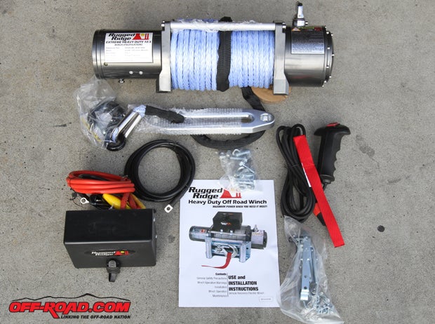 The 10,500 lbs. Rugged Ridge Performance Off Road Winch comes with everything needed for a complete installation.