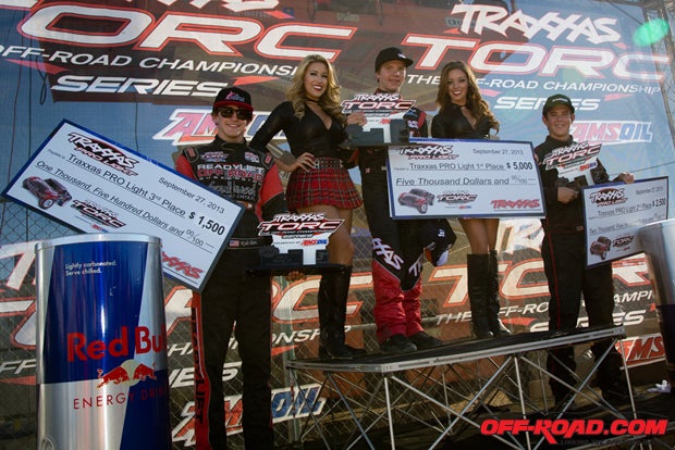 The Pro Light podium: Sheldon Creed earned first, Jerrett Brooks finished second and Kyle Hart took third at Round 15.