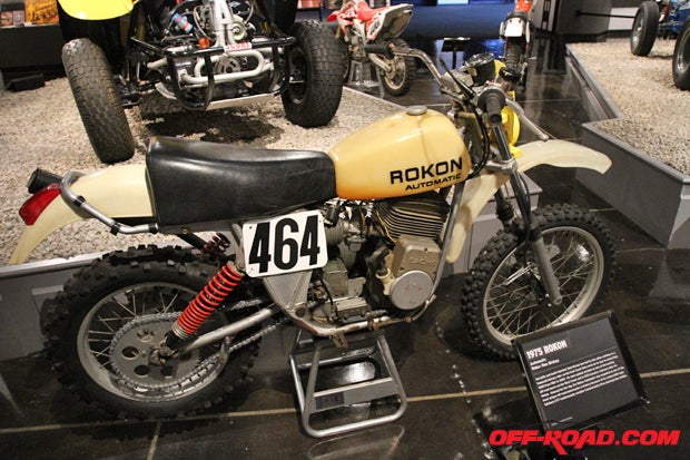 This 1975 Rokon Automatic was considered unique due to its snowmobile-type Salsbury CVT (continuously variable transmission) drive and dual disk brakes. Ron Bishop raced the vehicle in 1975 after becoming a factory rider for the team. Bishop  had a profilic career south of the border, as he raced in every Baja 1000 from 1967 to 2007. 