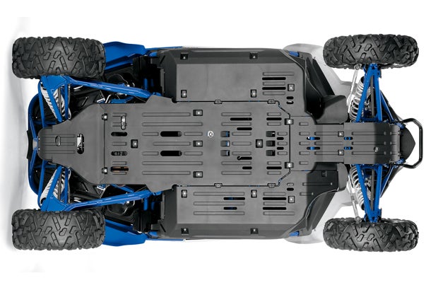 Full-length skid plates provide complete protection for the undercarriage of the YXZ1000R.