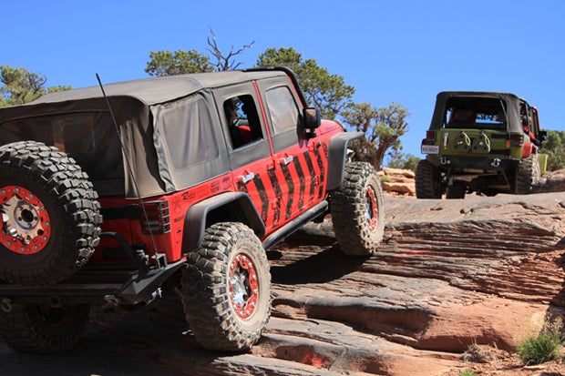 For the 2015 Easter Jeep Safari, Skyjacker Suspension gathered customers and industry friends for a trail ride on Wipe Out Hill. 